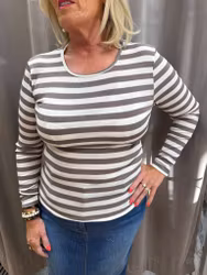 Randig ribbad topp med lång ärm taupe/vitt