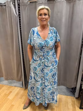 Blå paisley klänning i stretchmaterial