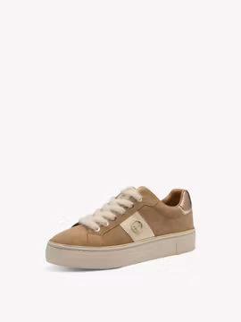 Kamelfärgade sneakers med gulddetaljer