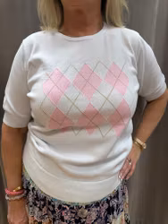 Kortärmad tunnstickad tröja med argyle mönster