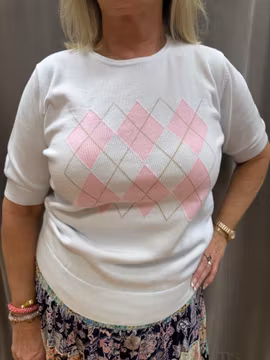 Kortärmad tunnstickad tröja med argyle mönster