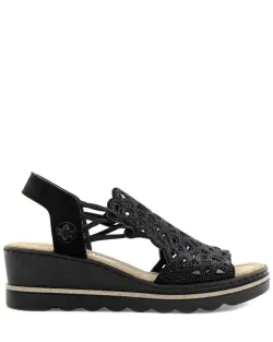 Svarta kilklackssandaletter med strass