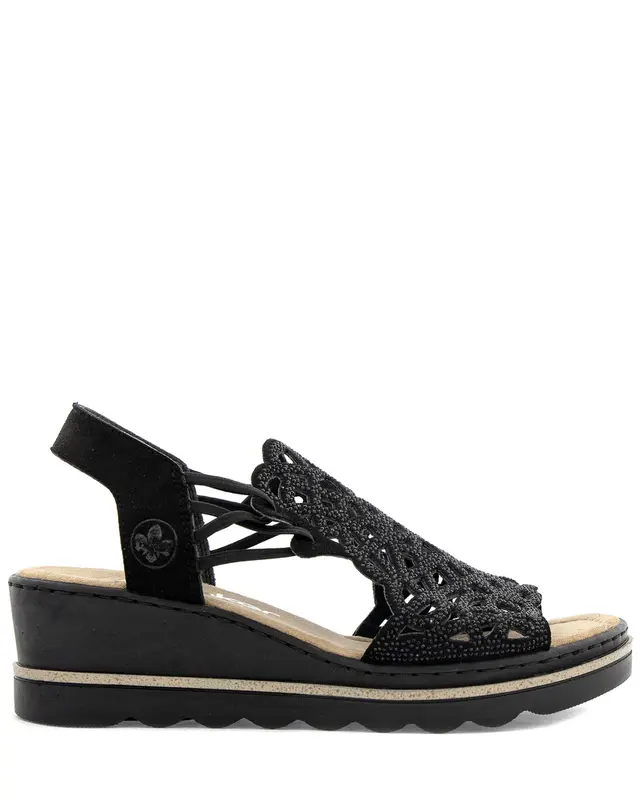 Svarta kilklackssandaletter med strass