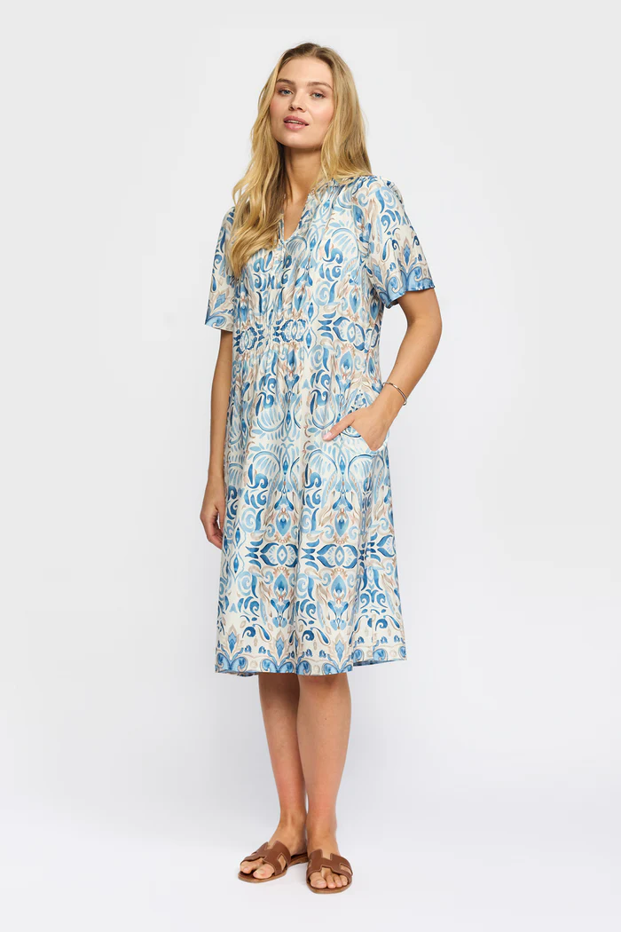 Blå mönstrad midiklänning med resår