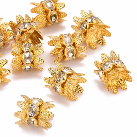 Cap Spacer, Flower gold/crystal 8mm