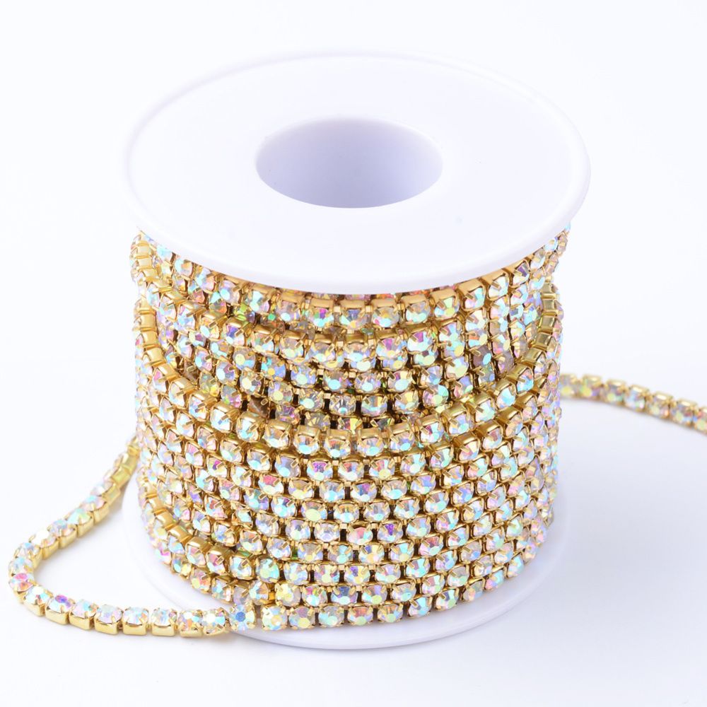 Strasslänk Crystal AB/gold 4mm, 10 yard, rulle