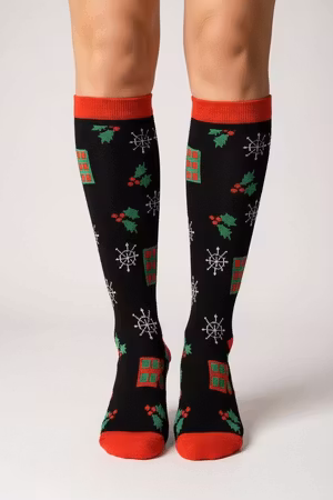 Jul stödstrumpa svart/röd med detaljer