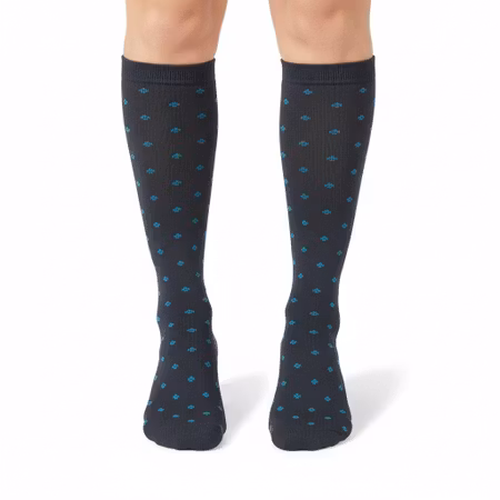 Stödstrumpa grå med blåa detaljer