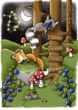 Personlig Doptavla: Sovande Räven och Tvättbjörnen, Träskyltar, Blåbär, Stjärnbild