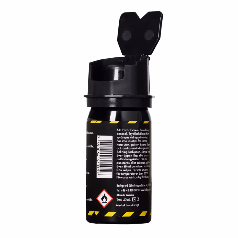 Bodyguard övningsspray med uppfällt lock som fungerar som sikte