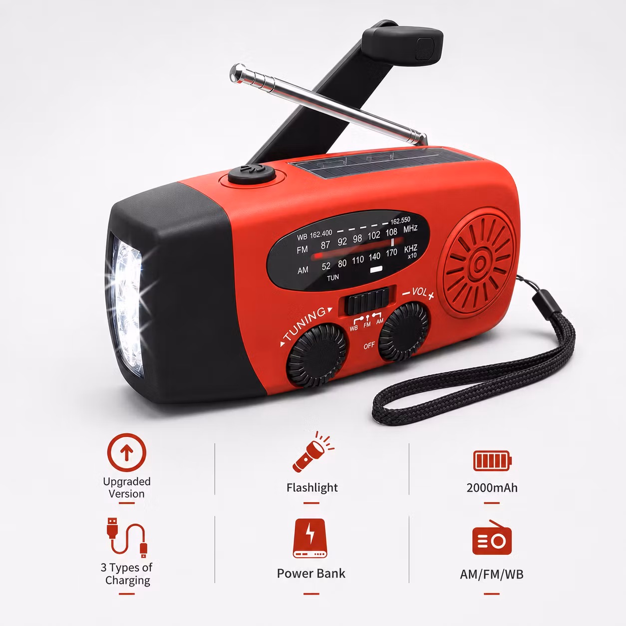 Nödradio med vev, solpanel och 2000 mAh powerbank – AM/FM-radio med LED-ficklampa och USB-laddning