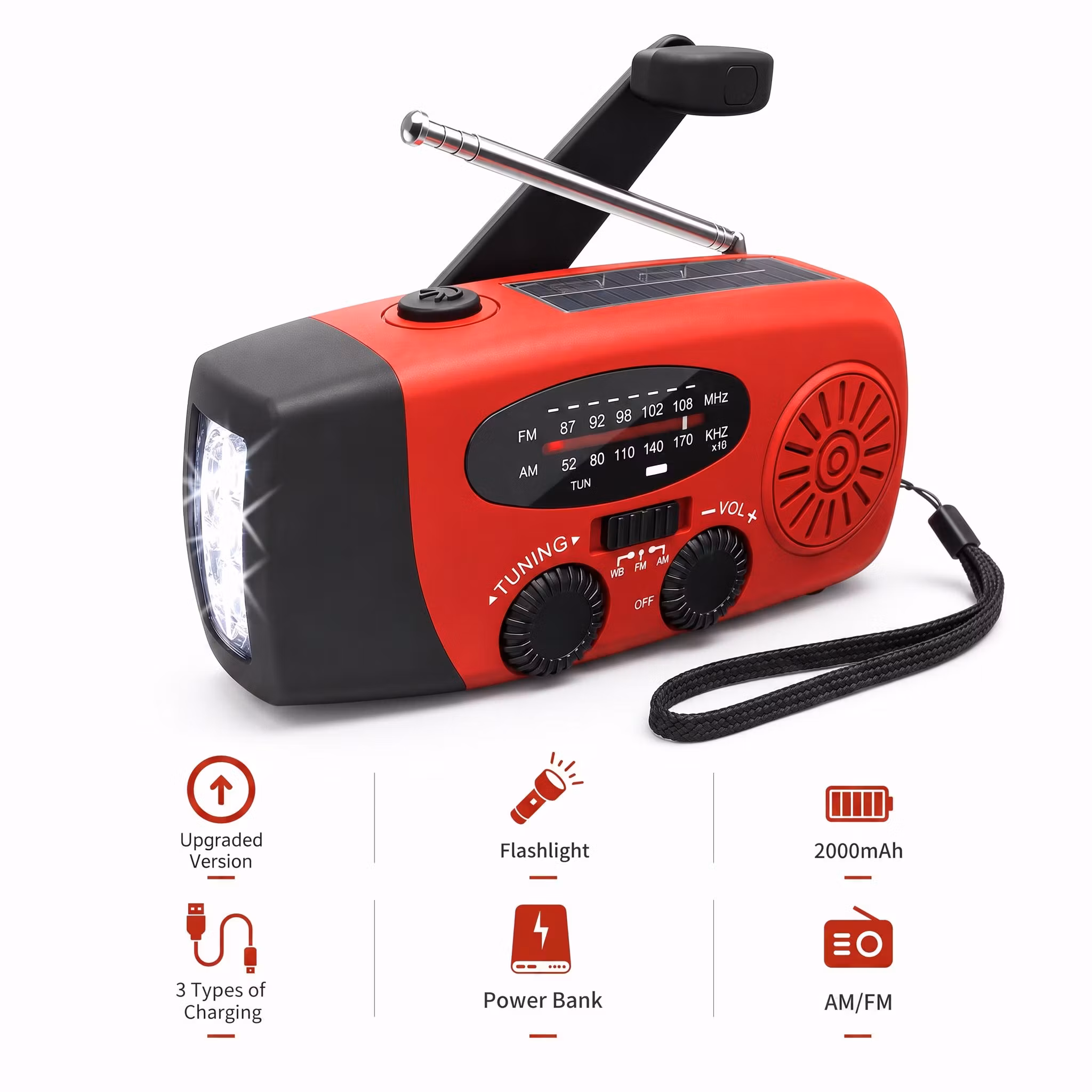 Nödradio med vev, solpanel och 2000 mAh powerbank – AM/FM-radio med LED-ficklampa och USB-laddning