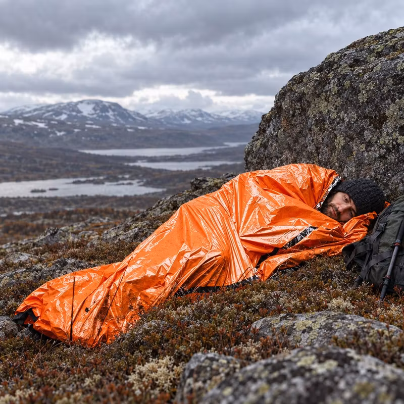 Vandrare som ligger i orange nödsovsäck vid ett stenblock på fjället