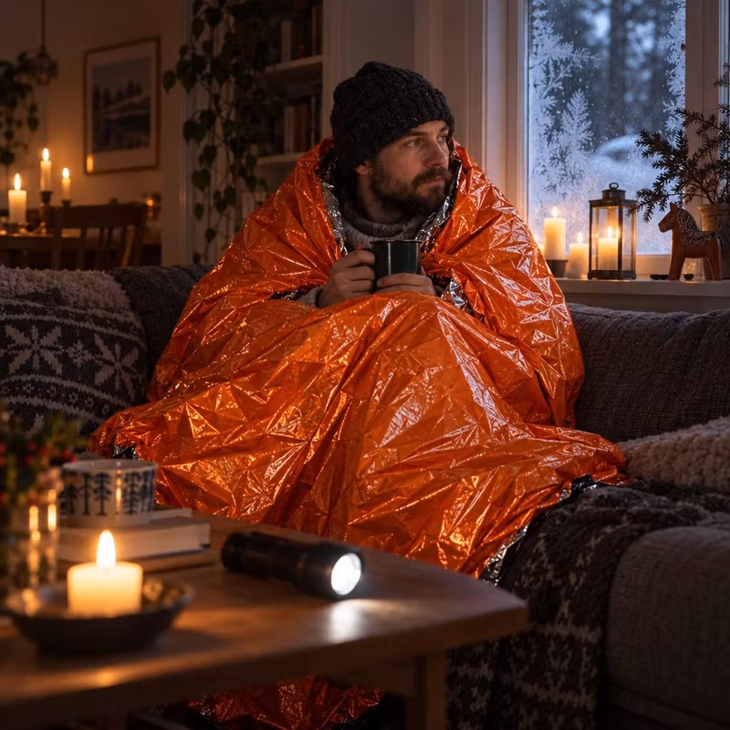 Man inlindad i orange nödsovsäck i soffan under ett strömavbrott