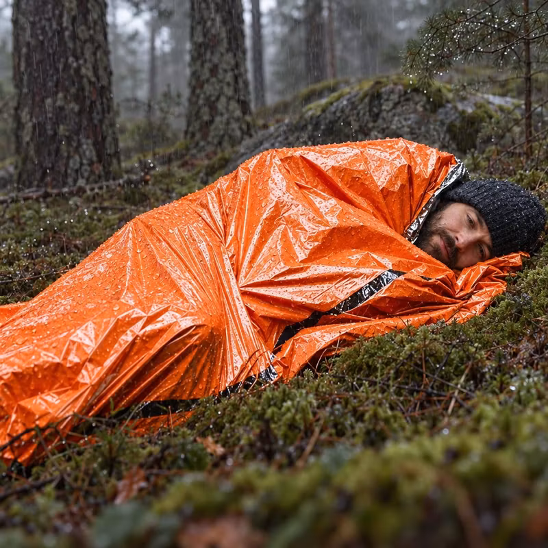 Person i orange nödsovsäck på mossan i regnig skog
