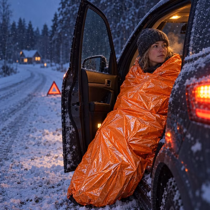 Kvinna i orange nödsovsäck vid en bil som stannat på en snöig väg