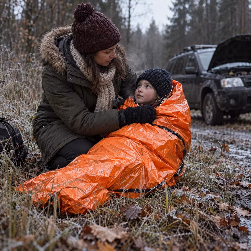 Mamma som sveper in sitt barn i en orange nödsovsäck vid en bil med motorstopp på en frostig skogsväg