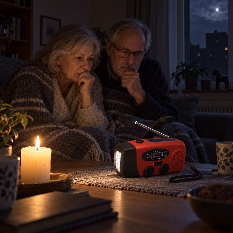 Äldre par i soffan under en filt som lyssnar på nyheterna i en röd nödradio under ett strömavbrott
