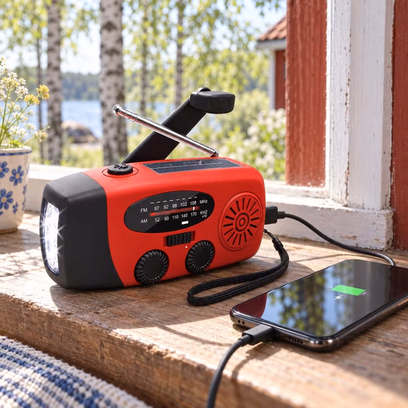 Röd nödradio i solen på en fönsterbräda vid en röd stuga medan den laddar en mobiltelefon