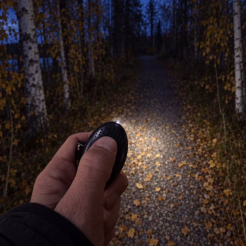 Hand som lyser upp en mörk skogsstig med LED-lampan på ett svart överfallslarm