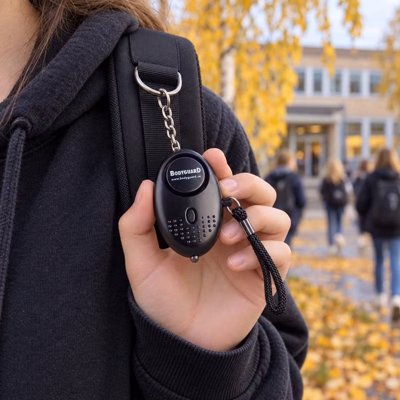 Hand som håller ett svart överfallslarm fäst på axelremmen till en ryggsäck på väg till skolan