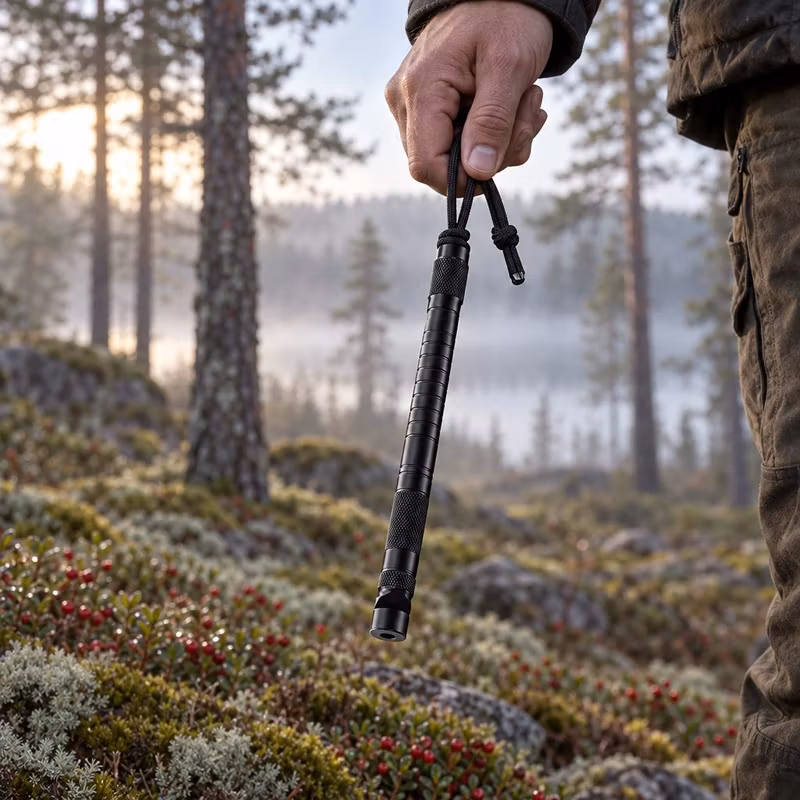 Hånd som holder Wildspire-overlevelsesverktøyet i bæresnoren i en tåkete svensk furuskog med tyttebærbusker