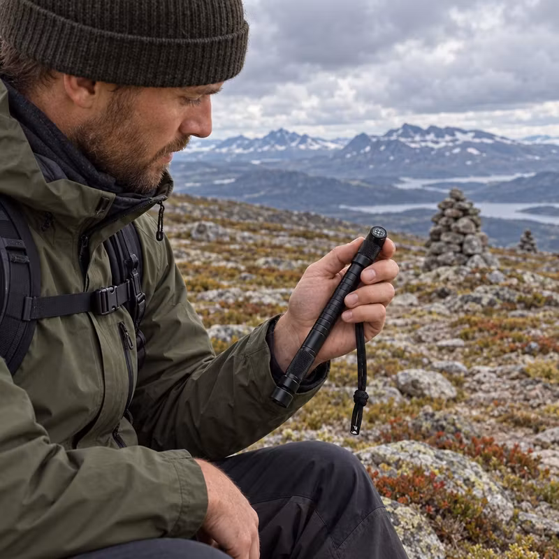 Turgåer på det nakne fjellet som leser kompasset i endekappen til Wildspire med vardene i bakgrunnen