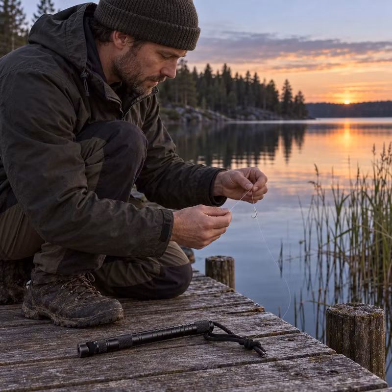 Mann på en brygge ved en innsjø ved solnedgang som knyter en krok på fiskesnøret fra Wildspire, med verktøyet liggende ved siden av.