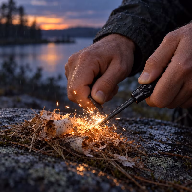 Hender som slår gnister med Wildspire-ildstålet mot bjørkenever og tørt gress på en klippe ved en innsjø i regnet