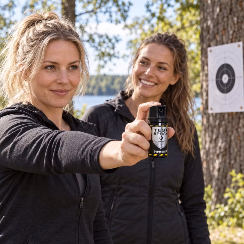 Kvinna i en park som övar med en Bodyguard övningsspray mot en pappersmåltavla på ett träd