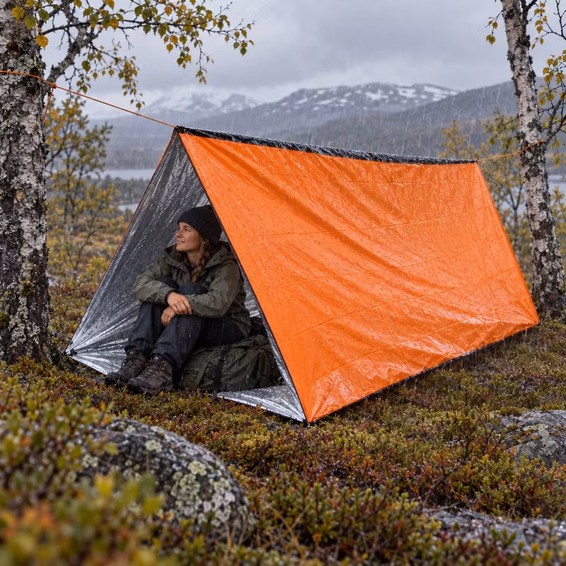 Vandrare som sitter torrt i ett orange nödtält mellan två björkar på fjället en regnig dag