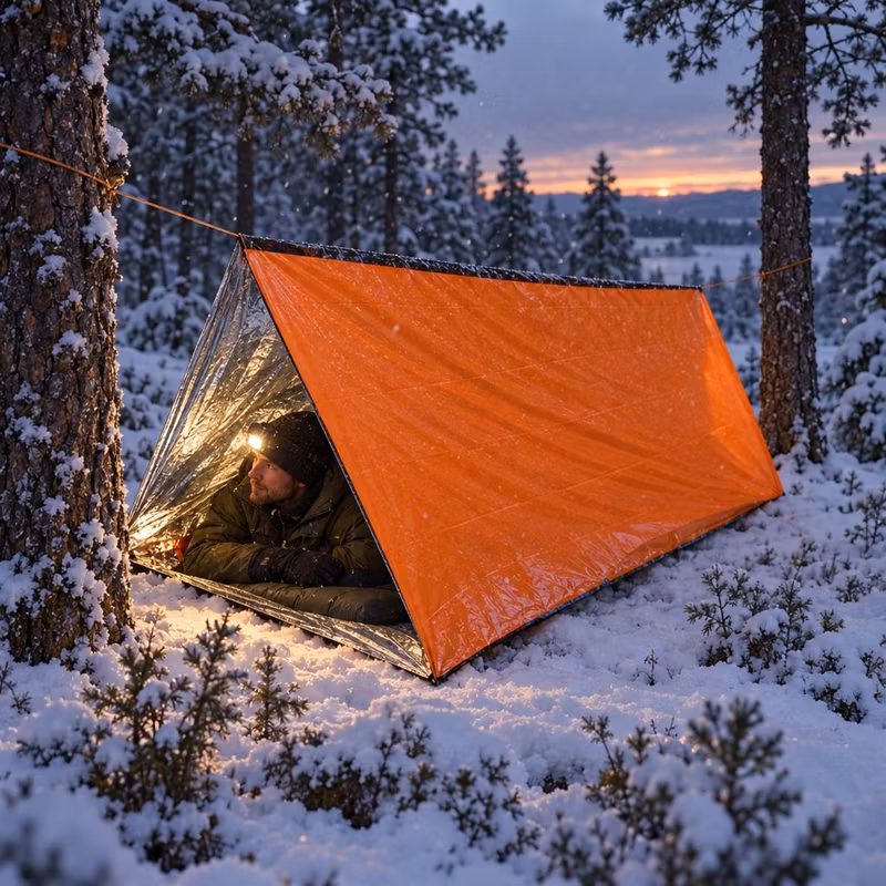 Person som ligger i ett orange nödtält mellan två tallar i en snöig skog i skymningen
