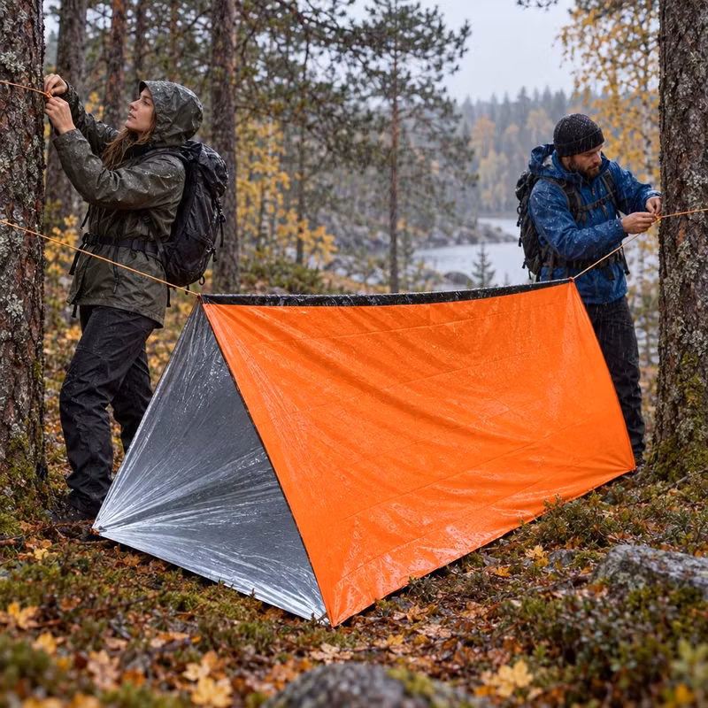 Två vandrare som spänner upp ett orange nödtält mellan två träd i regnet i en höstskog