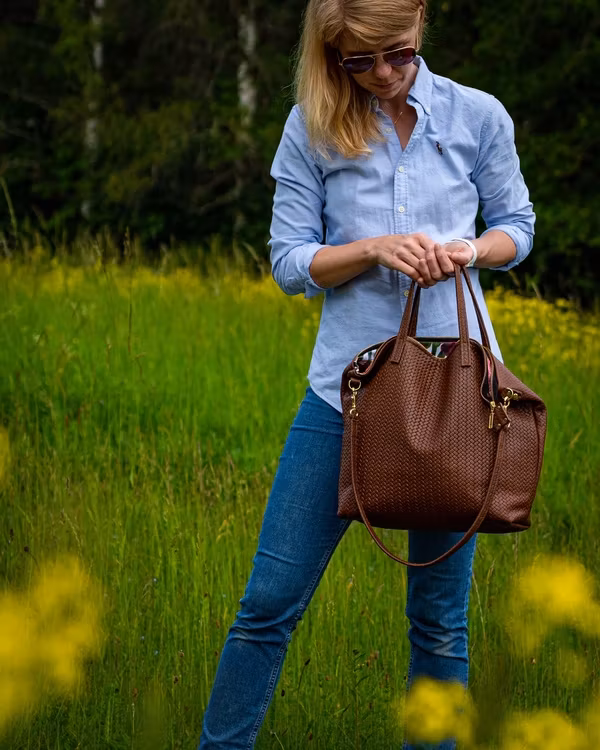 New Tote Bag - Herringbone Leather w/ Zipper