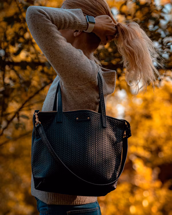 New Tote Bag - Herringbone Leather w/ Zipper