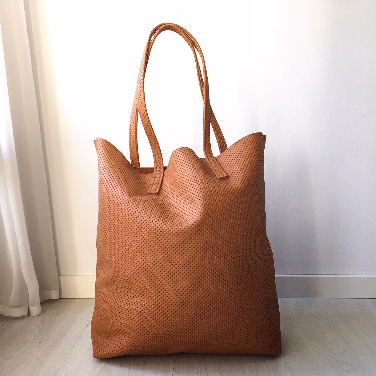 Raw Leather Tote Bag - Perforated Cognac