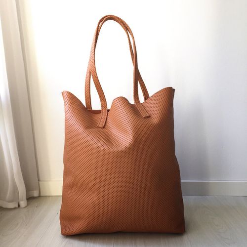 Raw Leather Tote Bag - Perforated Cognac