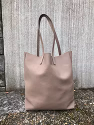 Raw Leather Tote Bag - Light Taupe Perforated