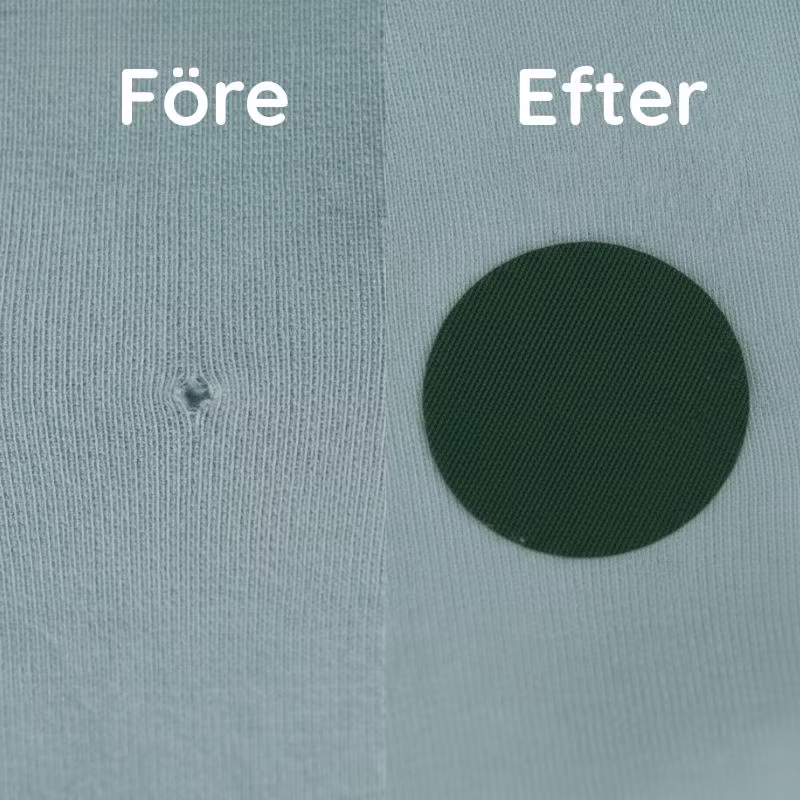 Före och efter: hål i ljusgrönt tyg täckt med en rund grön påstrykbar lagningslapp.