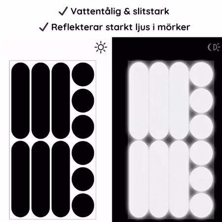 Reflexstickers Svart (12 st) – Runda & avlånga dekaler för cykel, scooter & barnvagn