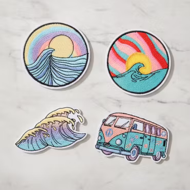 Surf & Solnedgång – Tygmärken Hav (4-pack)