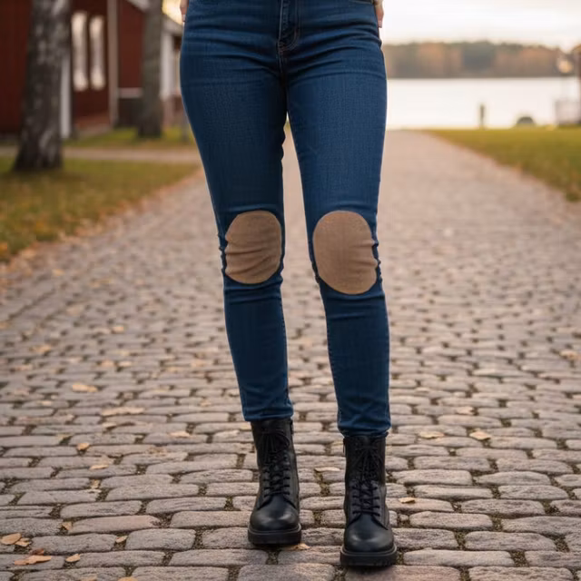 Närbild av blå jeans med två beige knälappar i mockaimitation