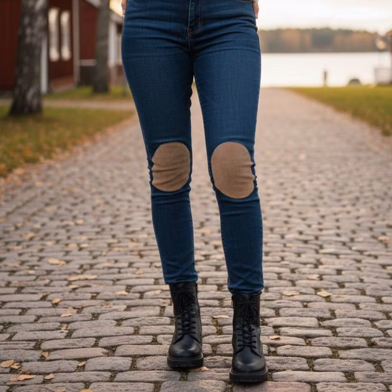 Person i mörkblå jeans med två bruna ovala lappar över knäna.