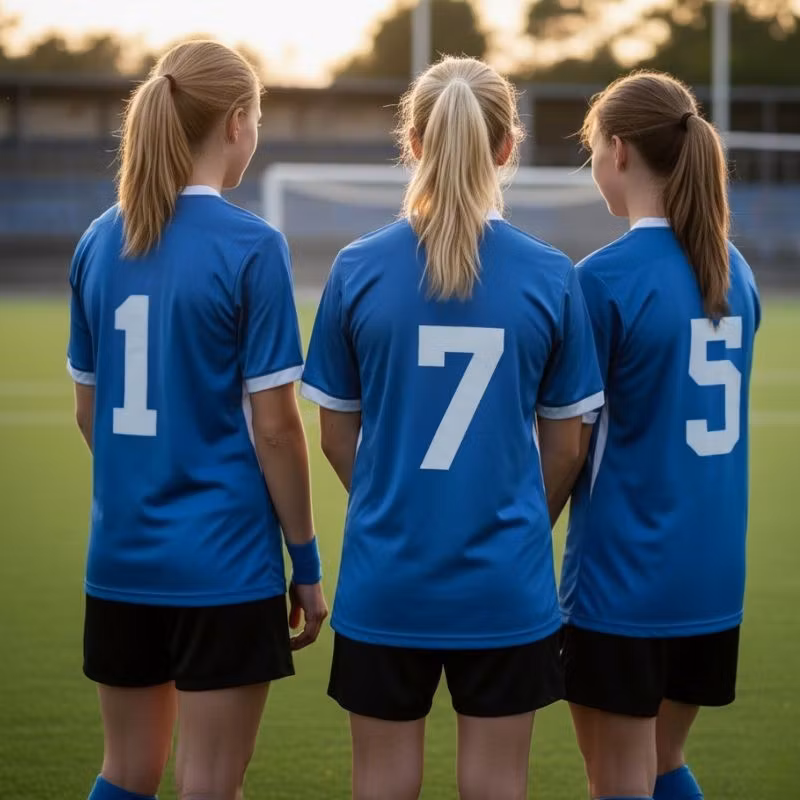 Tre blå fotbollströjor med vita siffror 1, 7 och 5.