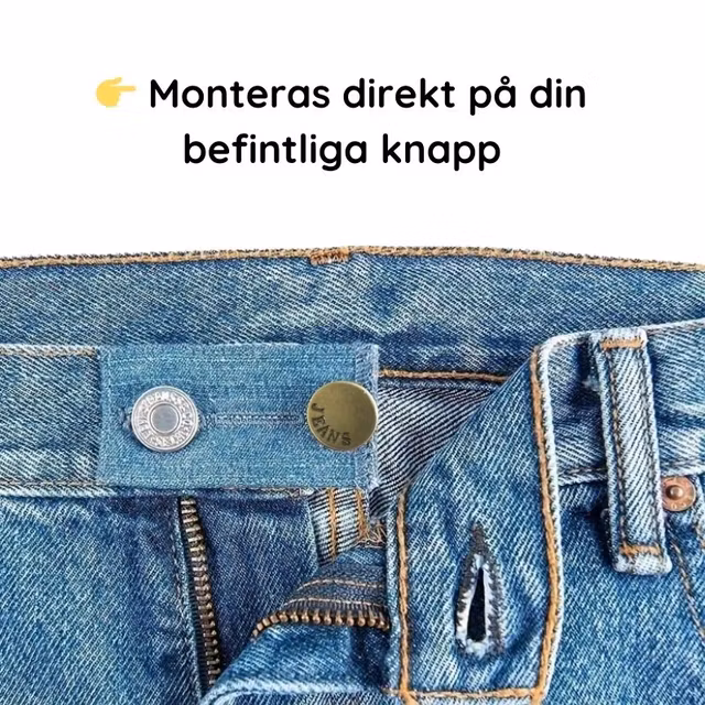 Befintlig jeansknapp genom ett knapphål i en denimförlängare, med förlängarens metallknapp intill ett öppet knapphål.