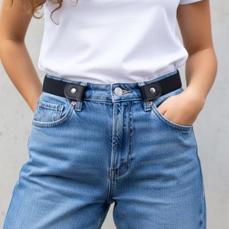 Ett svart elastiskt bälte fäst runt de främre sidohällorna på ett par jeans.