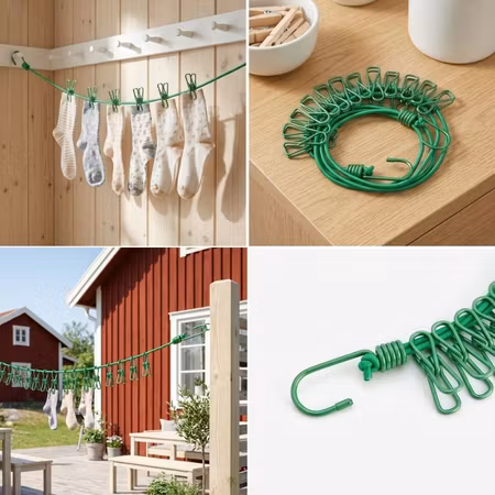 Grön tvättlina med 12 klädnypor – 1-pack eller 2-pack