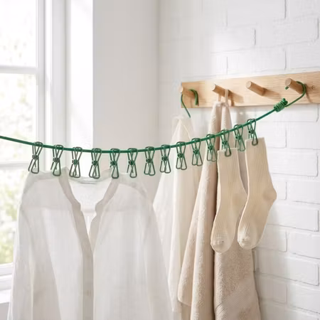 Grön tvättlina med 12 klädnypor – 1-pack eller 2-pack