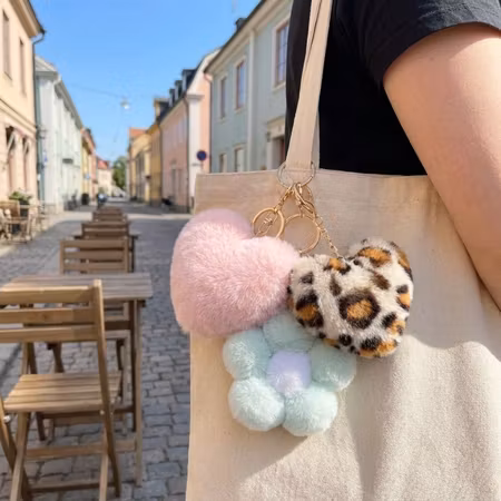 Fluffiga Bag Charms 3-pack – Rosa hjärta, mintgrön blomma & leopard hjärta
