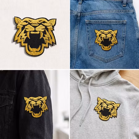 Tygmärke Tigerhuvud i guld – broderat strykmärke